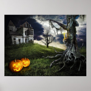 Spuk Haus mit Kürbislaternen zu Halloween Poster