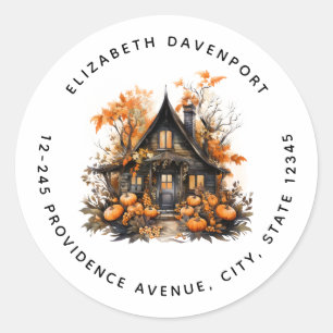 Spuk Haus mit Pumpkins Halloween-Adresse Runder Aufkleber