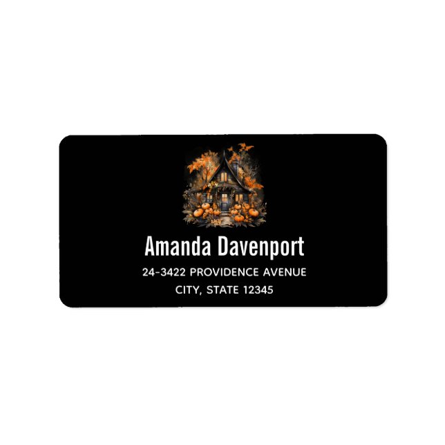 Spuk Haus mit Pumpkins Halloween Black Adressaufkleber (Vorne)