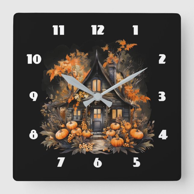 Spuk Haus mit Pumpkins Halloween Quadratische Wanduhr (Vorderseite)