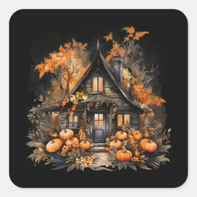 Spuk Haus mit Pumpkins Halloween Quadratischer Aufkleber (Vorderseite)