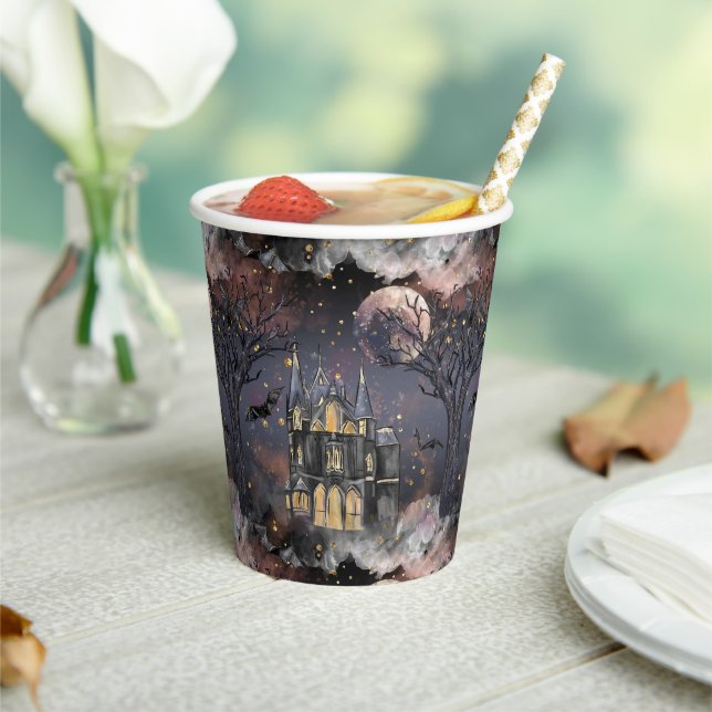 Spuk Haus | Spooky Vollmondbaum und Fledermäuse Pappbecher (In Situ)