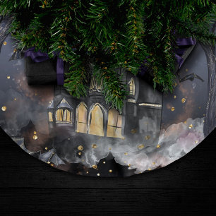 Spuk Haus Spooky Vollmondbaum und Fledermäuse Polyester Weihnachtsbaumdecke