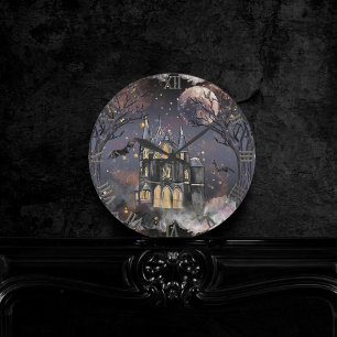 Spuk Haus   Spooky Vollmondbaum und Fledermäuse Runde Wanduhr
