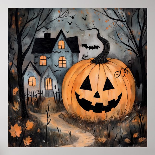 Spuk Haus und Riesenkürbis Halloween Poster (Vorne)