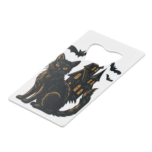 Spuk Haus und schwarze Katze Geldbeutel Flaschenöffner (Vorderseite Schrägansicht)
