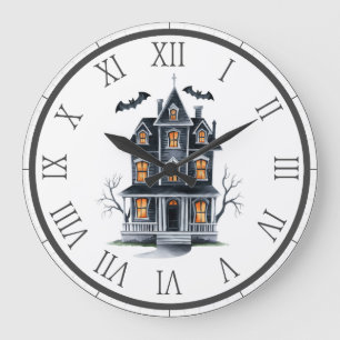 Spuk Hausbaum und Fledermäuse Halloween Große Wanduhr