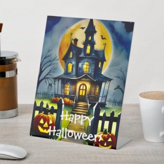 Spuk Hollow und Mond Sockelschild (D: 8" x 10" display with 3" pedestal base. Available in 4 sizes
Made of 1/16" white plastic.)