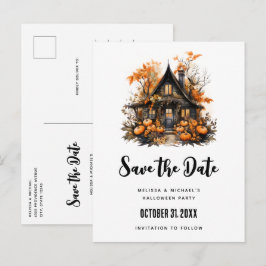 Spuk House and Pumpkins Halloween Save the Date Einladungspostkarte