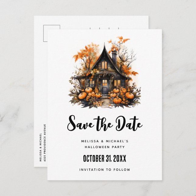 Spuk House and Pumpkins Halloween Save the Date Einladungspostkarte (Vorne/Hinten)