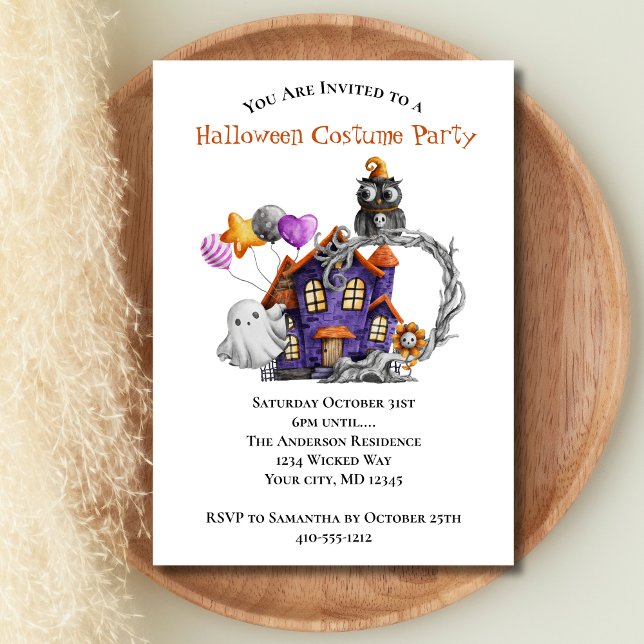 Spuk House Ghosts Owls Balloon Halloween-Party Einladung (Halloween Party Haunted House Ghost Owl Invitation. Printed or instant digital download)