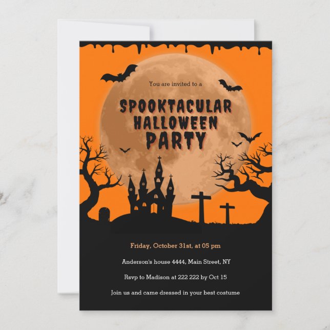 Spuk House Orange Moon Halloween Einladung (Vorderseite)