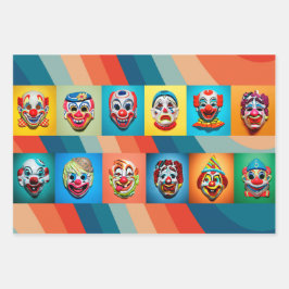 Spuk Karneval: Vintage Clownmasken zu Halloween Geschenkpapier Set