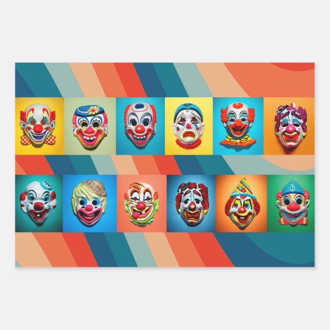Spuk Karneval: Vintage Clownmasken zu Halloween Geschenkpapier Set (Vorderseite)