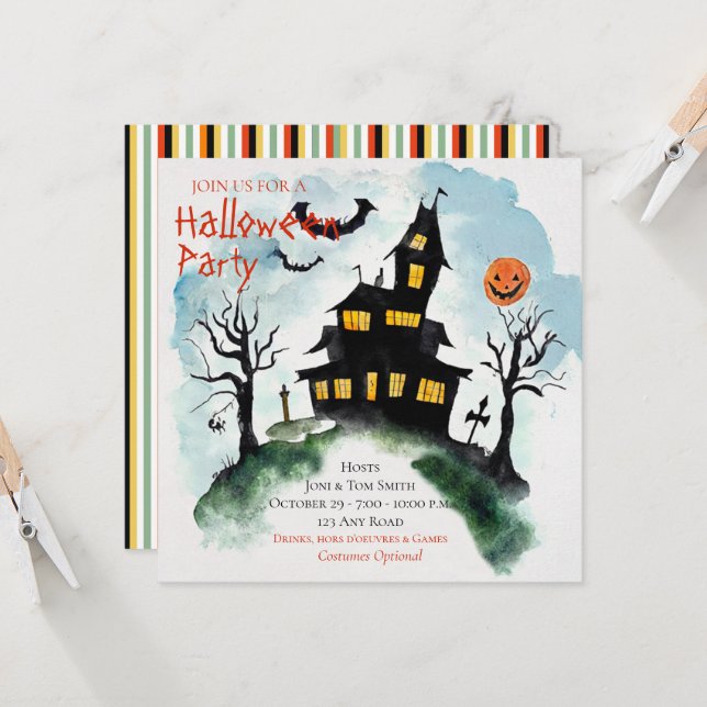Spuk Mansion Halloween-Party Einladung (Vorderseite/Rückseite Beispiel)