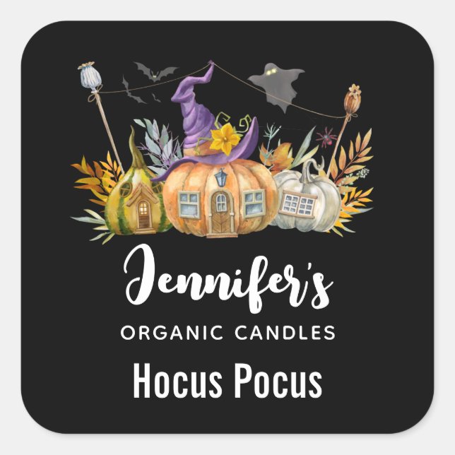Spuk Pumpkin House mit Ghost & Bats Candle Biz Quadratischer Aufkleber (Vorderseite)