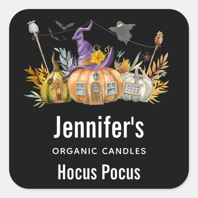 Spuk Pumpkin House mit Ghost & Bats Candle Biz Quadratischer Aufkleber (Vorderseite)