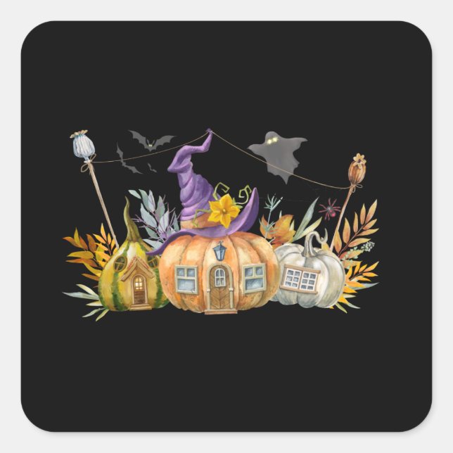 Spuk Pumpkin House mit Ghost & Bats Quadratischer Aufkleber (Vorderseite)