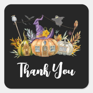 Spuk Pumpkin House mit Ghost & Bats Quadratischer Aufkleber