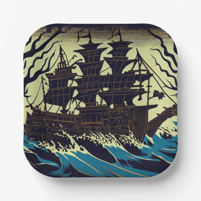 Spuk Segelschiff Woodblock 3 Pappteller (Vorderseite)