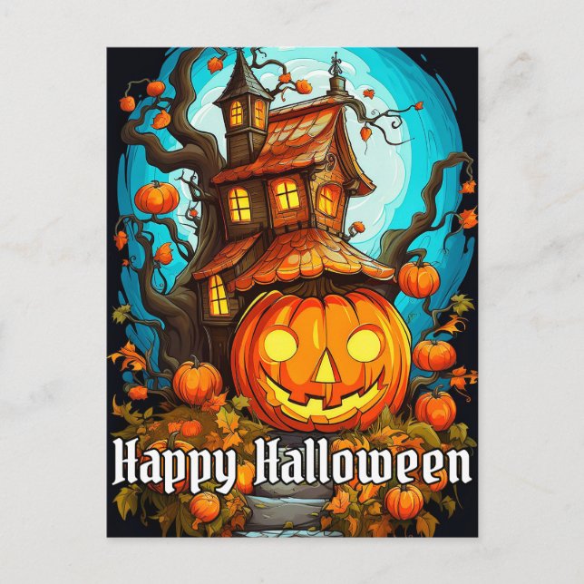Spuk Treehouse | Frohe Halloween Postkarte (Vorderseite)