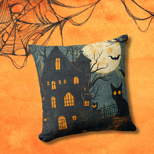 Spukhaus Gruselige Katze Vollmond Halloween Kissen