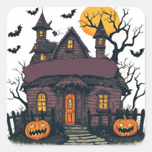 Spukhaus mit Kürbissen und Vollmond 🎃 Quadratischer Aufkleber