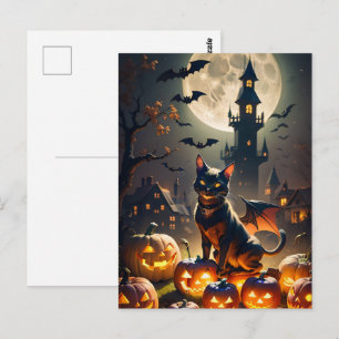 Spukhaus, Vollmond, schwarze Katze Halloween Postkarte