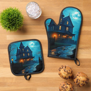 Spukvilla Blaue Mondlicht Nacht Design Ofenhandschuh & Topflappen-Set