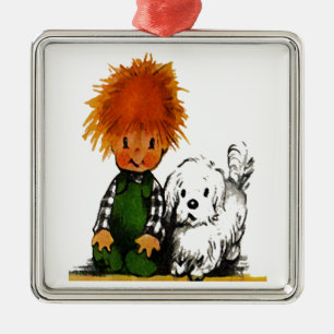 Spunky Little Boy u. seine Hundeverzierung Ornament Aus Metall
