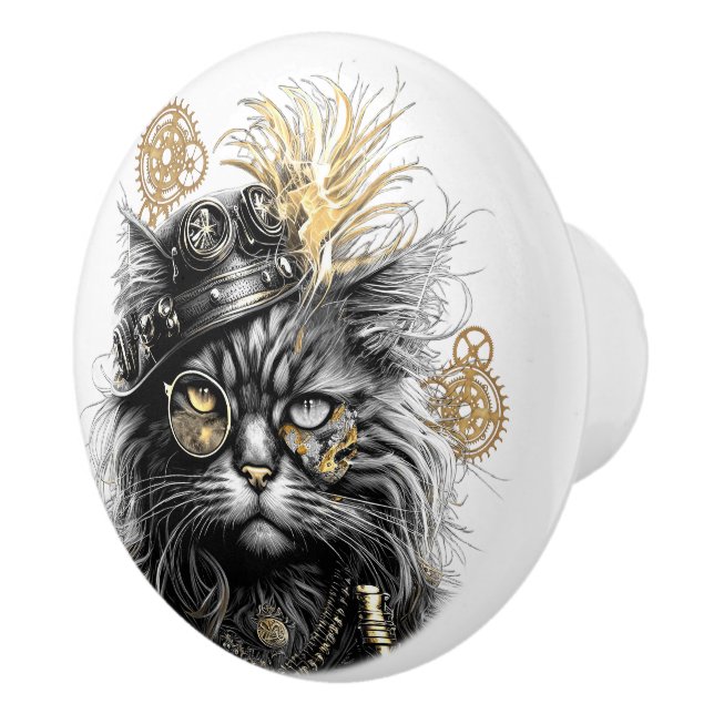 Spunky Paws Die funky Steampunk-Katze  Keramikknauf (Rechts)