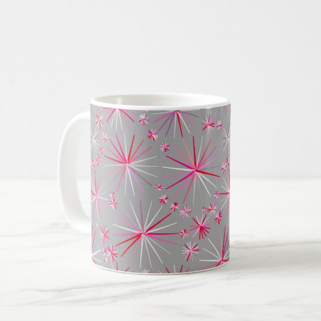 Sputnik-Muster aus der Mitte, Grau und Fuchsia Tasse (Vorderseite Links)