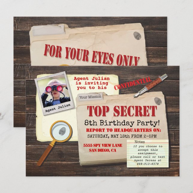 Spy Birthday Party - Top-Agent Einladung (Vorne/Hinten)
