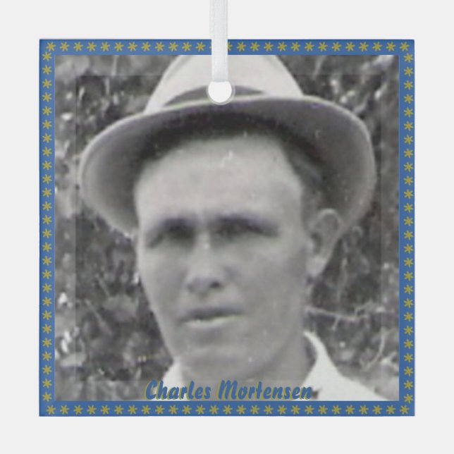 Square Ancestor Foto and Name with Blue and Gold Ornament Aus Glas (Vorderseite)