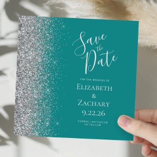 Square Aquamarin Blue Silver Glitzer Save the Date Ankündigung