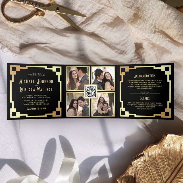 Square Art Deco Frame Black Gold QR Code Hochzeit Dreifach Gefaltete Einladung (Von Creator hochgeladen)