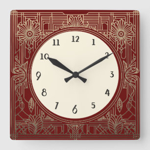 Square Art Deco Uhr in Dunkelrot und Gold