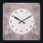 Square Art Deco Uhr Rosa<br><div class="desc">Art Deko Uhr,  Jugendstil Uhr,  1920er Jahre Platz,  stilvolle,  raffinierte 1920er Stil, Retro Vintag antike, altmodische extravagant, Imitate goldene Linie Kunst, einfache minimalistische Quadrat Uhr, minimales elegantes Muster Design</div>