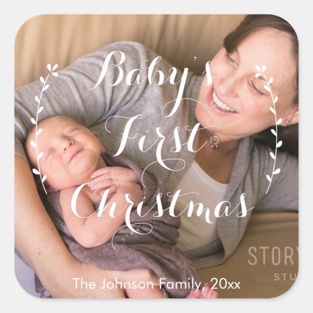 Square Baby's First Christmas Foto Stickers (Vorderseite)