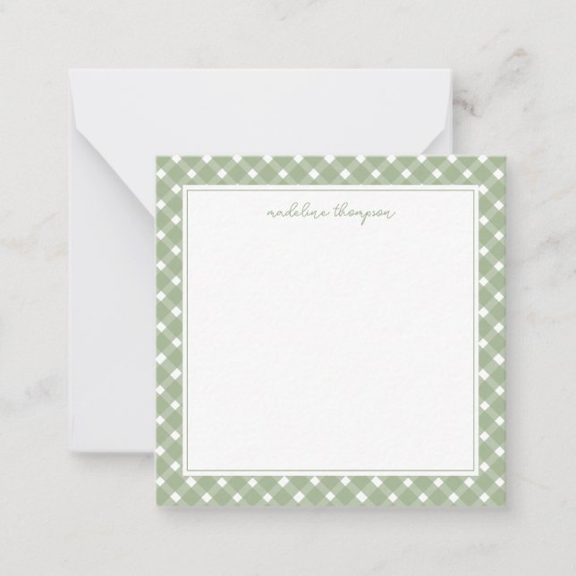 Square Basic Gingham Sage Green Border Mitteilungskarte (Vorderseite)