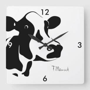 Square Black and White Tillamook Cow Clock Quadratische Wanduhr