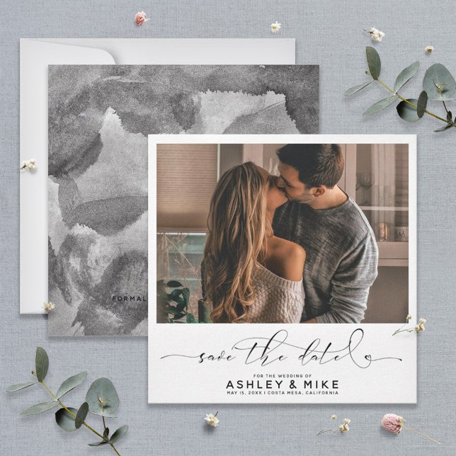 Square Black Calligraphy Script Foto Wedding Save The Date (Von Creator hochgeladen)