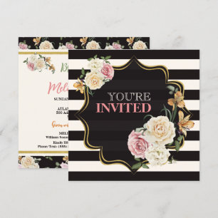 Square Black, Elfenbeinstreifen, Florals Brautpart Einladung