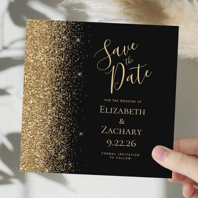 Square Black Gold Glitzer Save the Date Ankündigung (Von Creator hochgeladen)