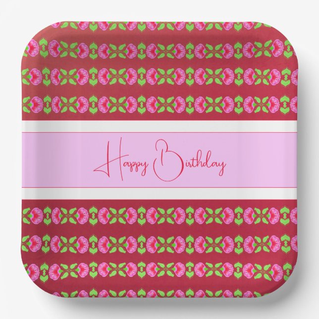 Square Bright Pink Floral Gemustert Pappteller (Vorderseite)