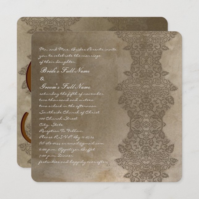 Square Brown Vintag Damask Einladung (Vorne/Hinten)