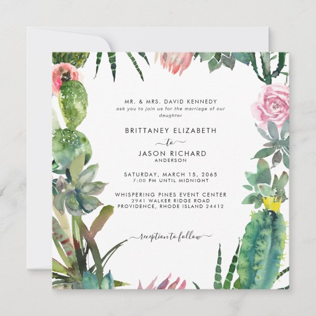Square Cactus Bride Eltern Wedding Einladung (Vorderseite)