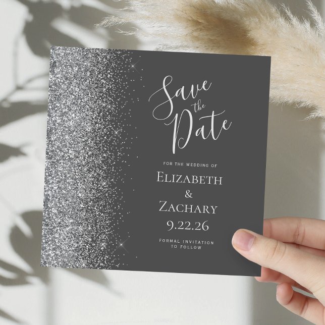 Square Charcoal Gray Silver Glitzer Save the Date Ankündigung (Von Creator hochgeladen)