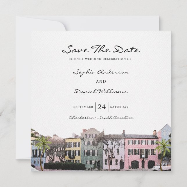 Square Charleston Rainbow Row Save the Date Einladung (Vorderseite)