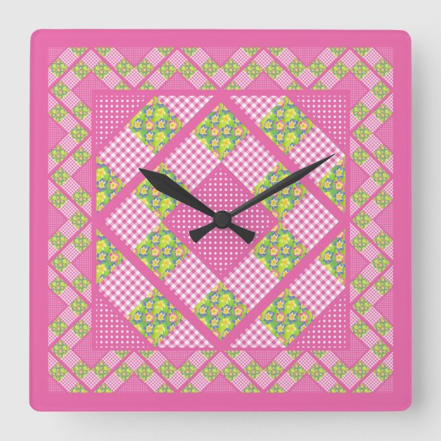Square Clock: Rosa: Primrosen, Polka Dots, Gingham Quadratische Wanduhr (Vorderseite)